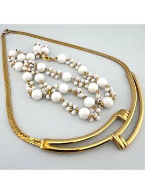Vintage Trifari Necklace Set Gold Tone White Beaded Collar Classic Bar Link